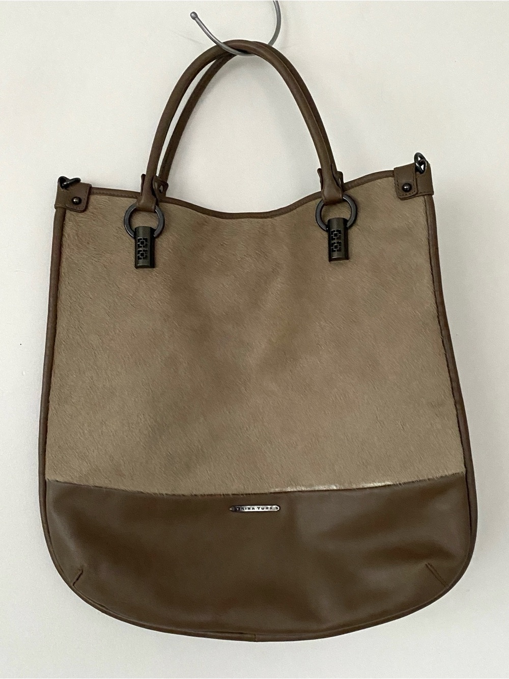 Trina Turk Two-Tone Cowhide Leather Tan Brown 2-Ways Tote Quiet Luxury Boho Chic
